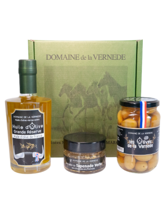 Coffret Trio 1 bouteille Huile de 350ml + 1 Pot Olives Nature + 1 Pot Tapenade Amandes