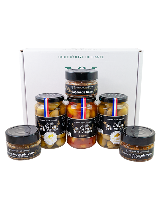 Coffret 2 Olives Nature + 1 Piment - 3 Spécialités de Tapenade Vertes H. de Provence, Amandes et Tomate