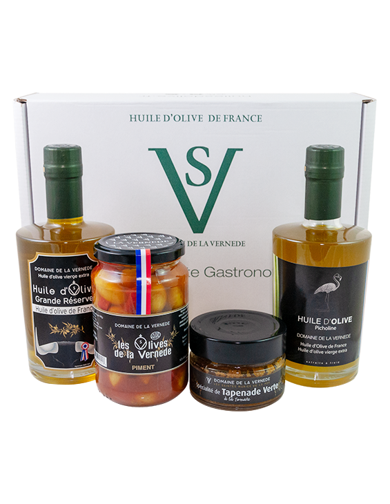 Coffret Quatro: 1 Huile Grande Réserve-1 Huile Picholine - 1 pot Olives Piment - 1 Tapenade Tomate